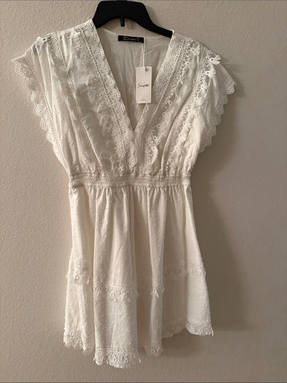 Simplee Apparel White Eyelet Lace V-Neck Dress